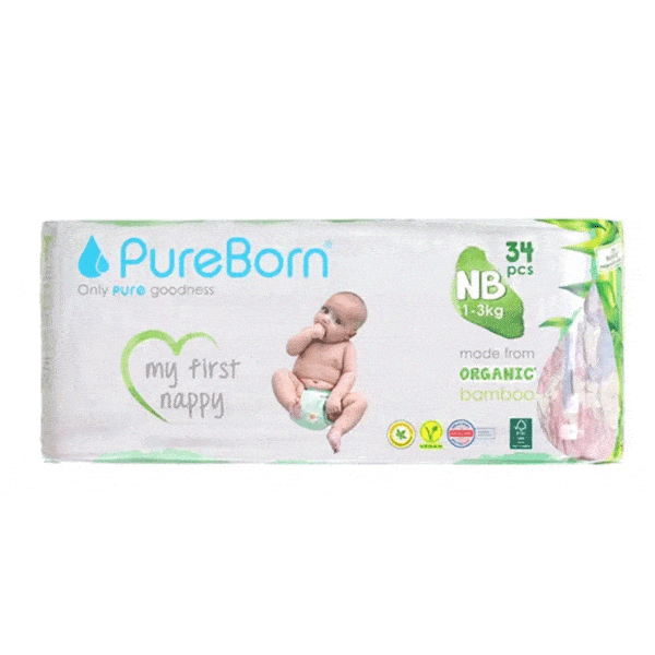Pure Born 34Pcs Organic Diaper Newborn (1-3Kg)