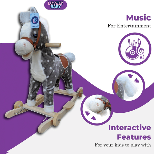 Ride-On Rocking Horse with Wooden Wheels - LB 501W, Soft Material (Grey) - Image 2
