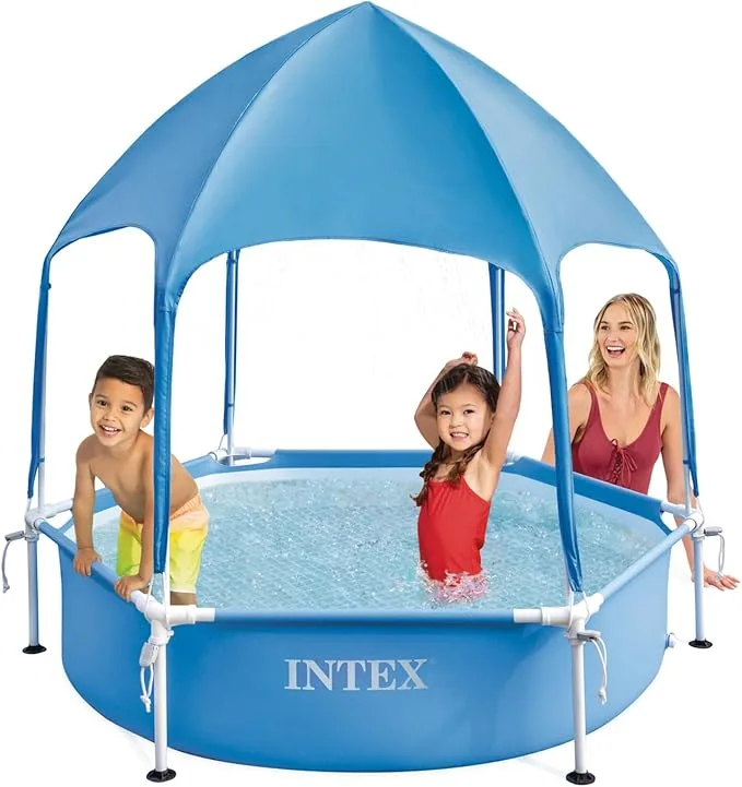 Canopy Metal Frame Above Ground Swimming Pool Built-in Canopy Sprayer – Puncture-Resistant Material – Easy Assemble
